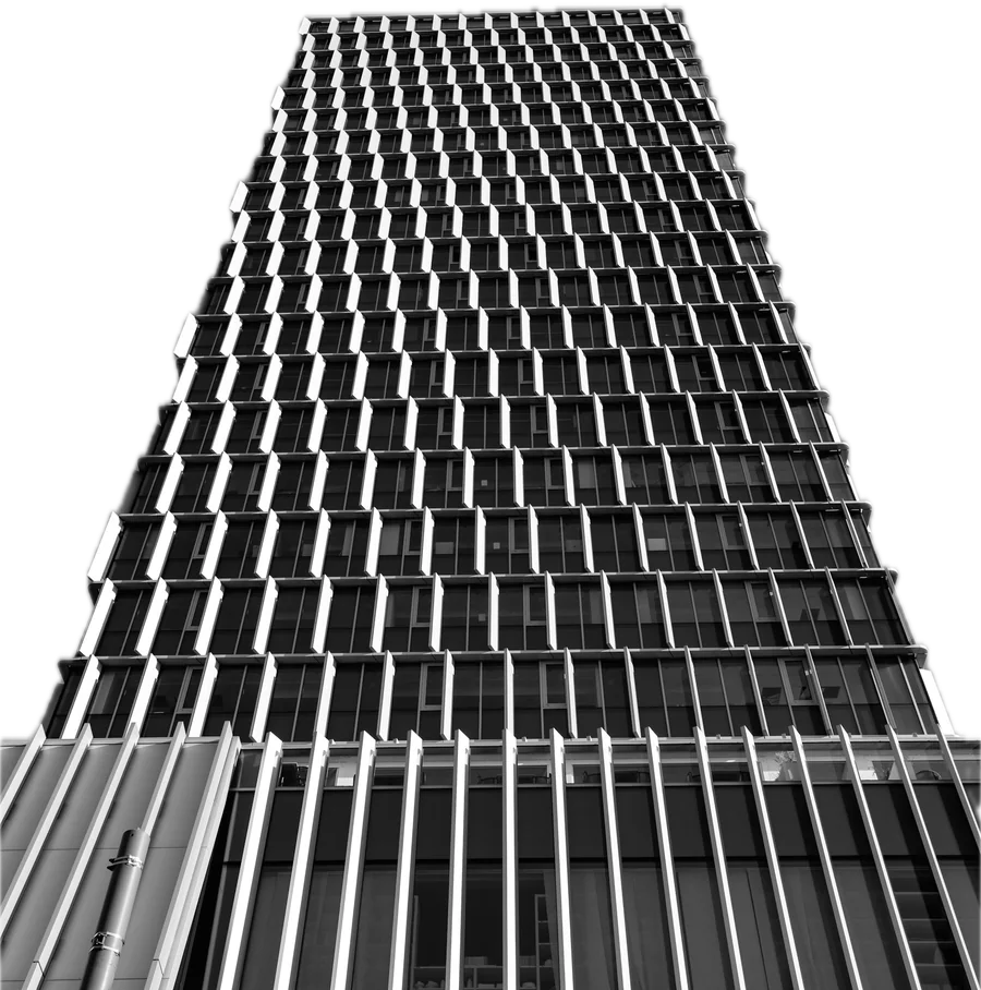 An office building seen from below.